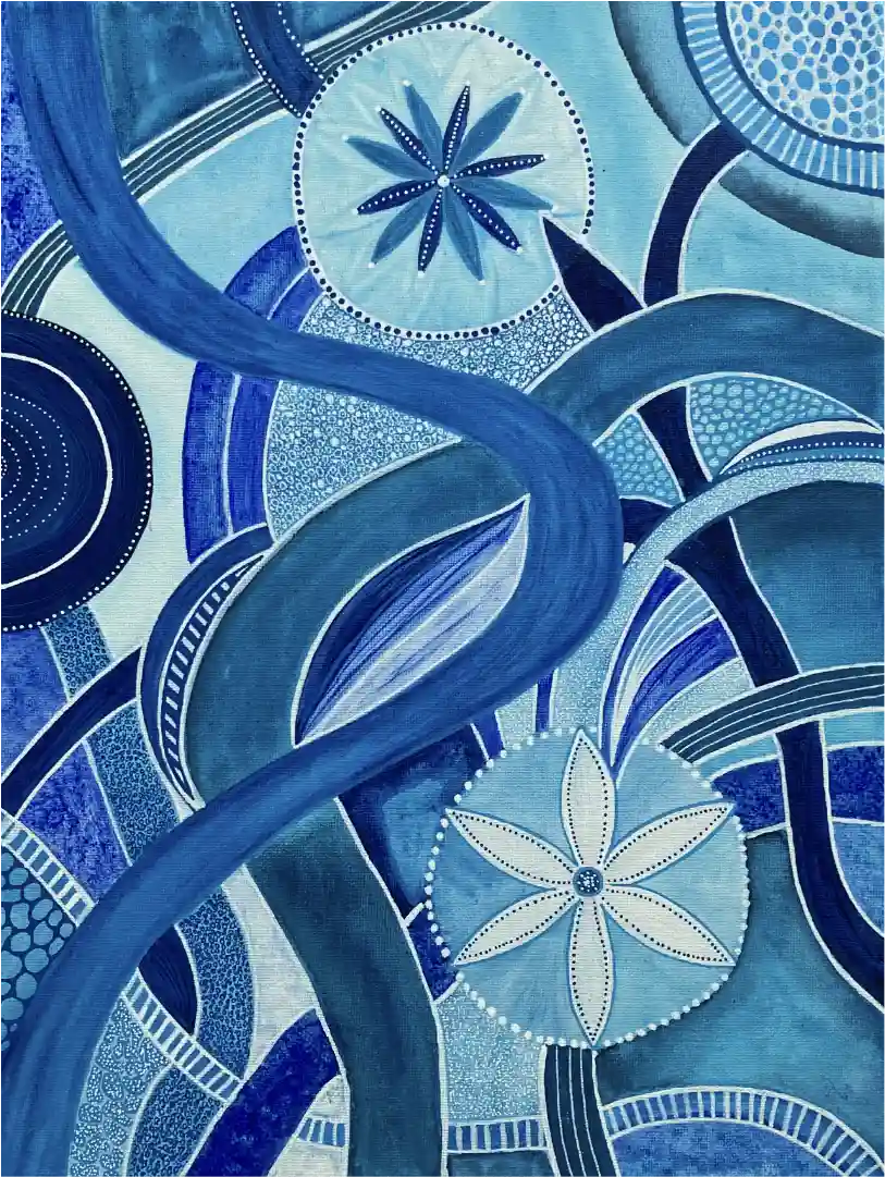 Blaue Wege: Aquarell mit verflochtenen blauen Formen und kleinen Sonnen.