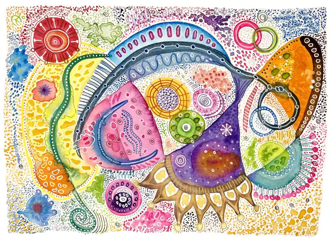 Christinas farbenfrohes Aquarell mit spielerischen Formen, Kreisen und feinen Linien.