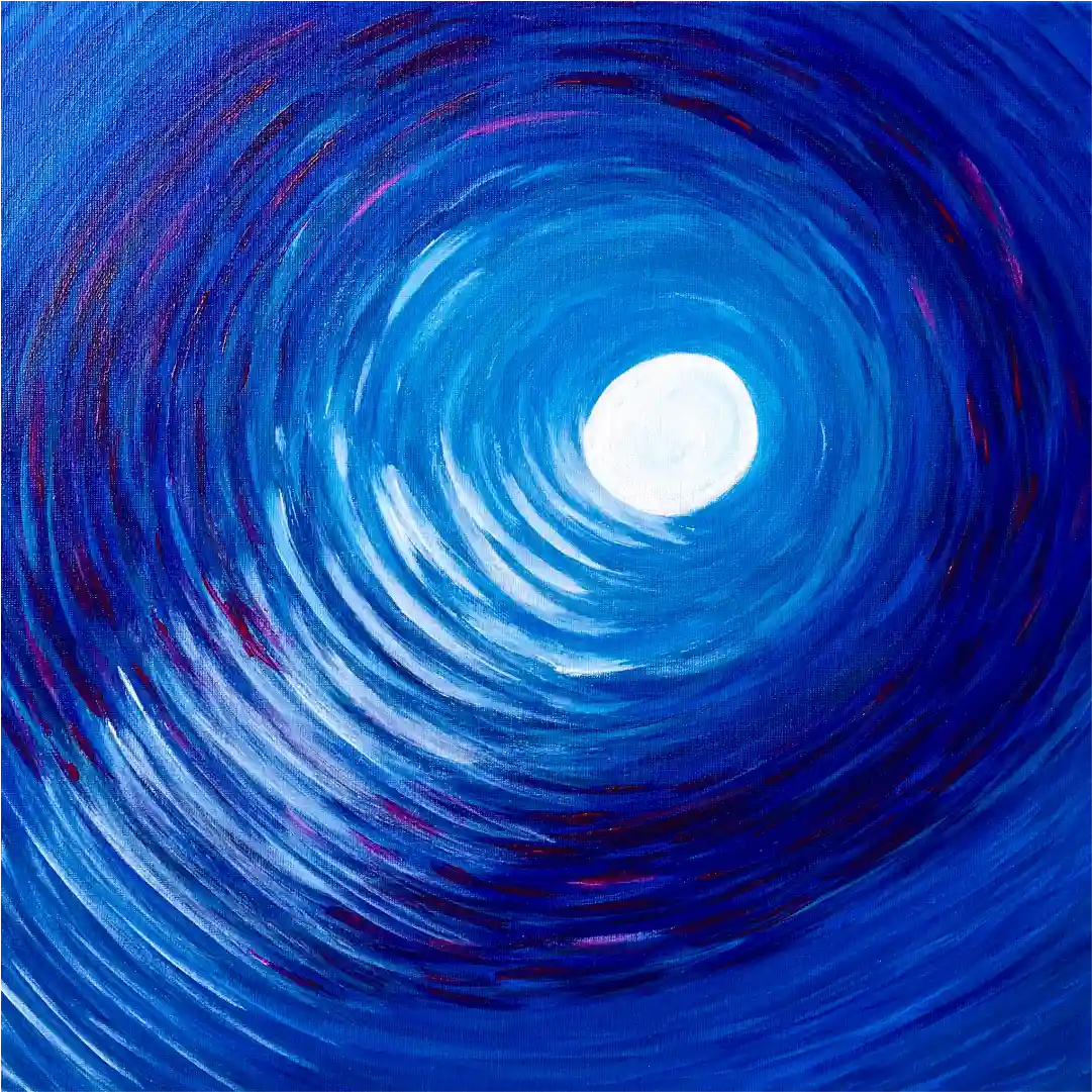 Mond: spiralförmig bewegte blaue Acrylmalerei mit hellem Mittelpunkt.